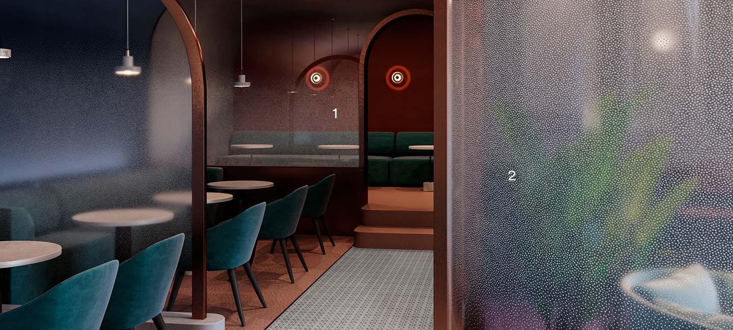 Una cafetería vacía con Acabados Superficiales y de Vidrio 3M
