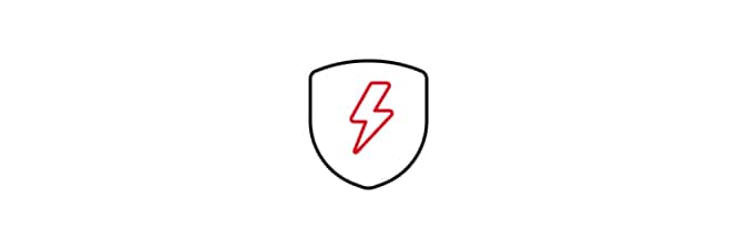 Ícono de escudo con un rayo rojo en el centro.
