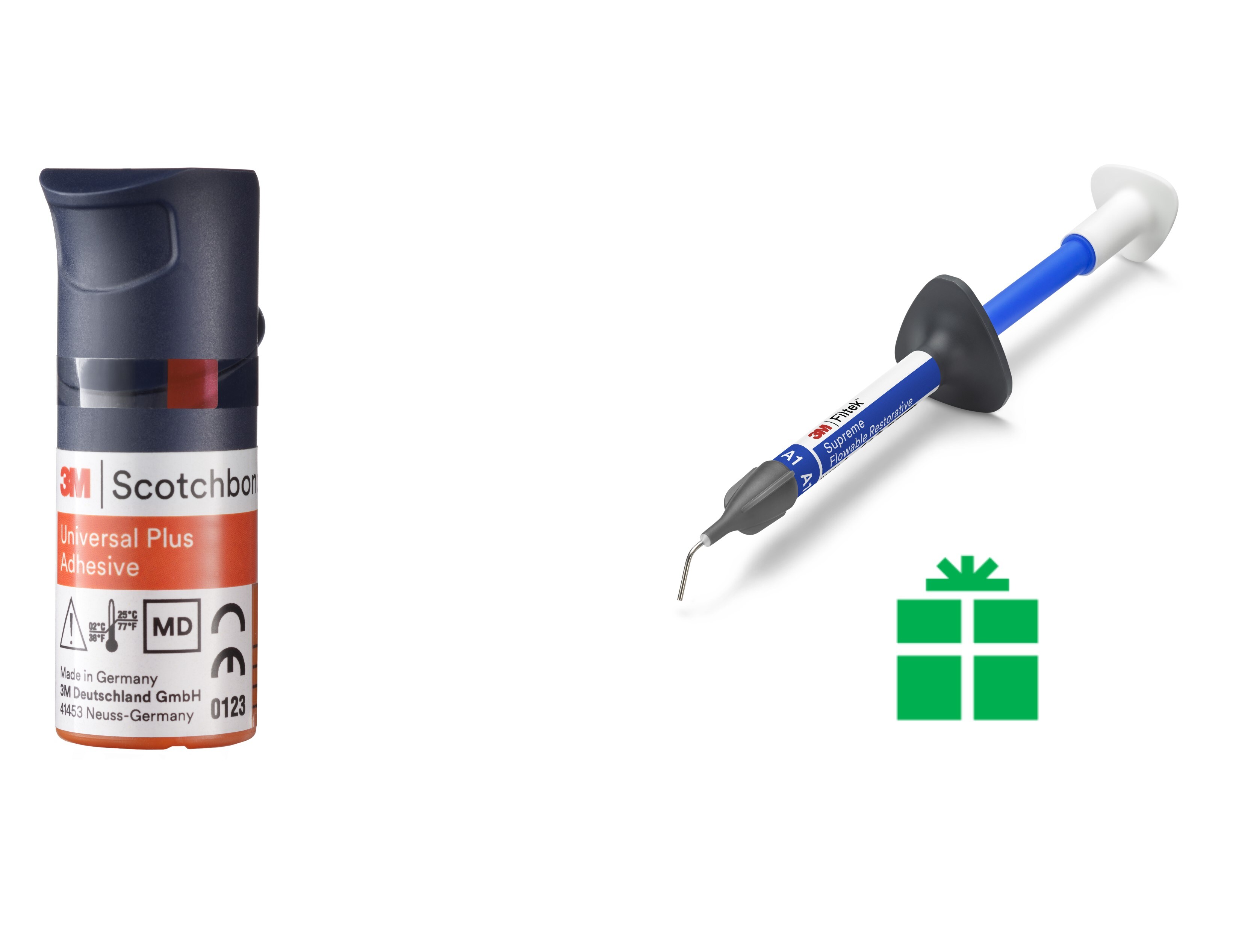 3M™ Filtek™ Supreme Flowable Restorative con un ícono de regalo verde.