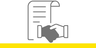 Icon of two hands in a handshake with an educational degree above.
