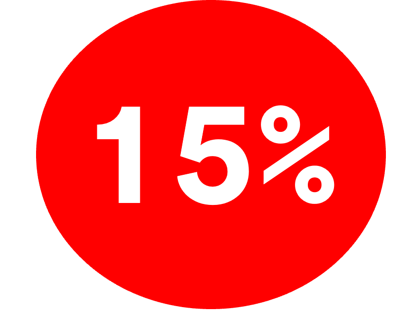 Círculo rojo con 15% escrito dentro.