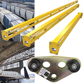 Composite image of overhead rigid rail system components, railyard and aircraft hanger