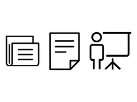 Iconos negros de un PDF y una persona presentando.