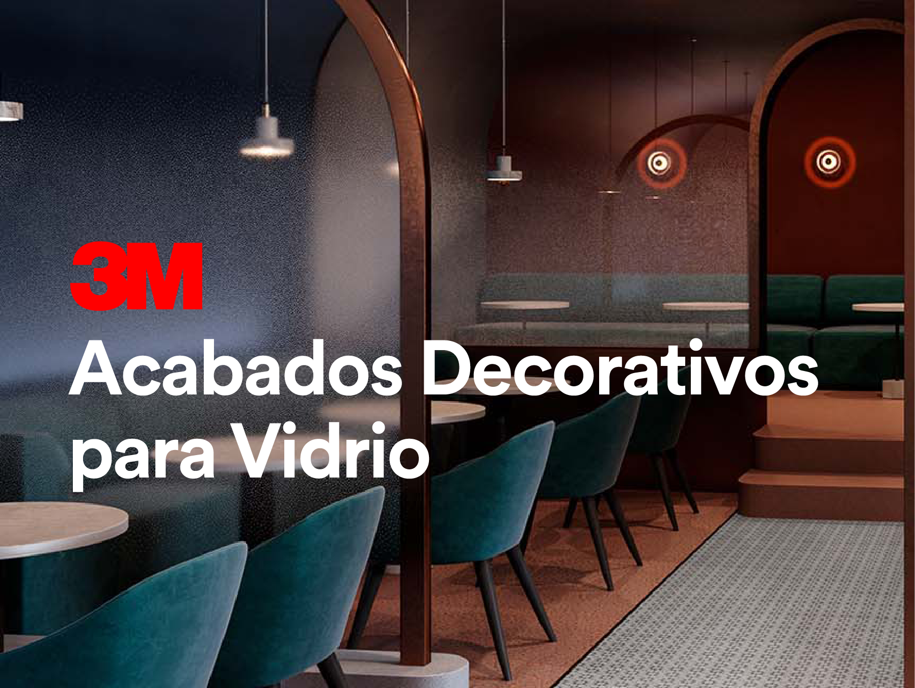 Interior de restaurante de lujo decorado en tonos joya con divisores de vidrio acabados con Acabado de Vidrio 3M en un patrón de puntos graduados.
