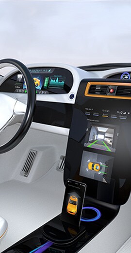 Gráfico interno de un vehículo que muestra el volante, la pantalla de visualización frontal y la pantalla de la consola.