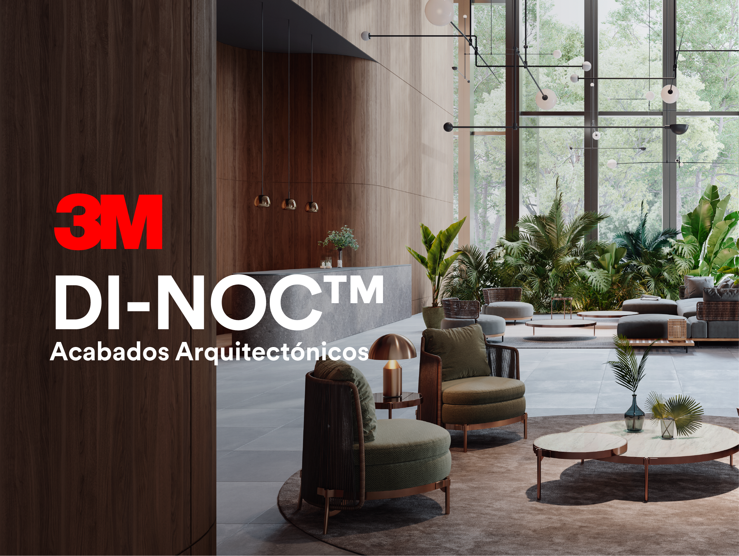 Interior del lobby de hotel moderno inspirado en la naturaleza, destacando los Acabados Arquitectónicos 3M utilizados, con el logo de Acabados Arquitectónicos 3M Di-NOC sobreimpreso en la imagen.
