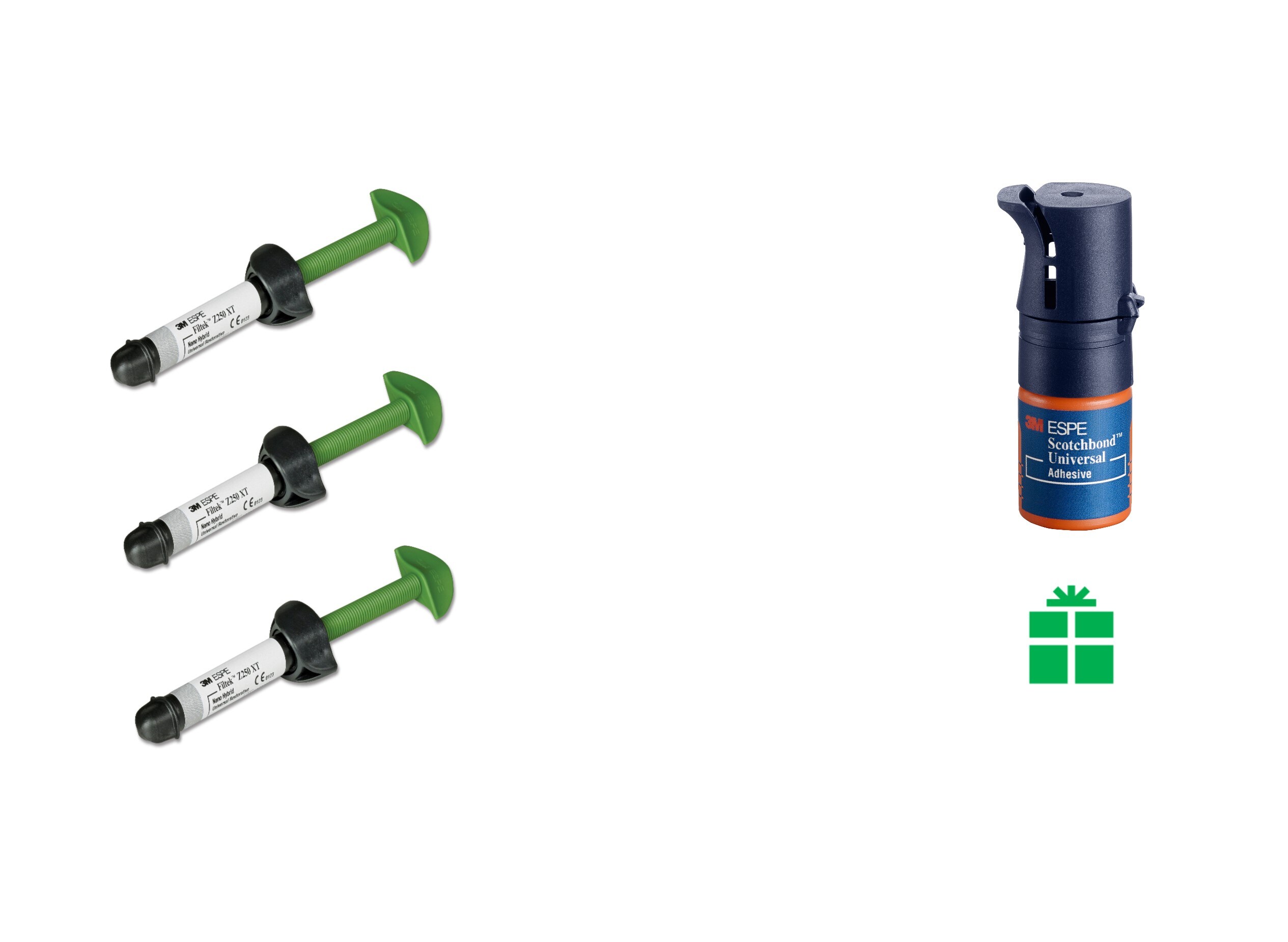 3M™ Filtek™ Z250 XT y 3M™ Single Bond Universal con un ícono de regalo verde.