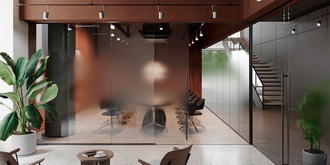Elegante sala de reuniones privada con Acabados de Vidrio Fasara de 3M
