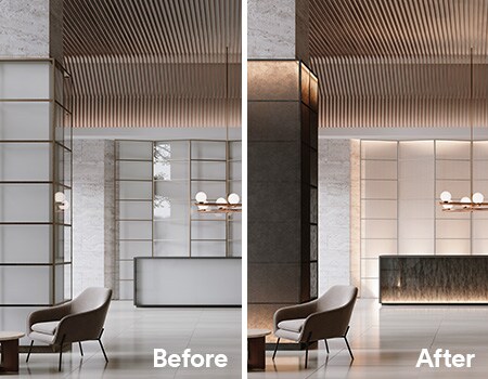 Imagen de antes y después del área de recepción renovada con acabados DINOC y FASARA de 3M.
