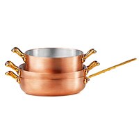 Three copper pans stacked on one another.
