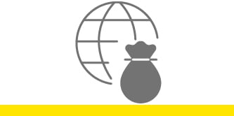 Icon of a globe with a bag of money in front of it.
