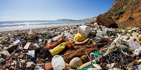 Imagen de una playa contaminada de basura. Mar de fondo y cielo despejado.
