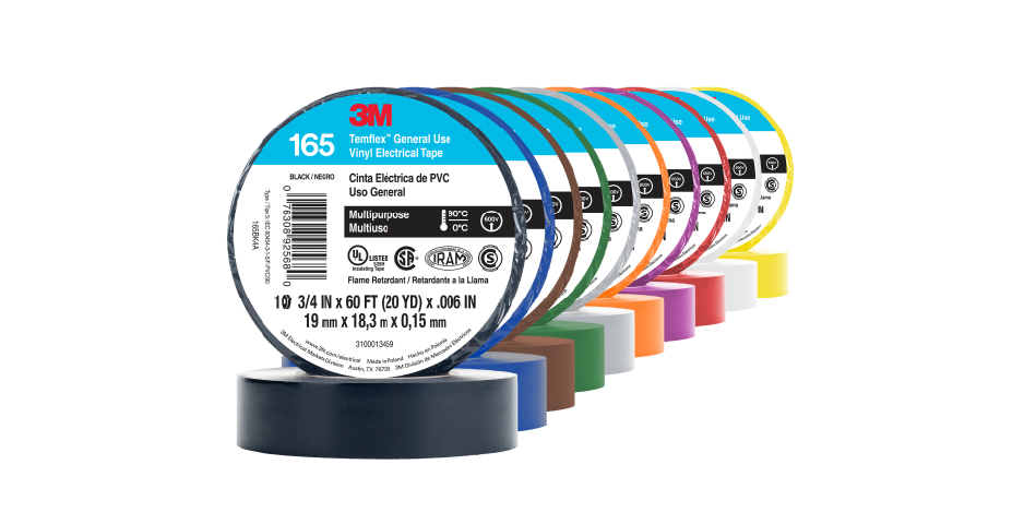 Cintas aislante de vinilo 3M de varios colores alineadas, mostrando la etiqueta del modelo Temflex 165 al frente.
