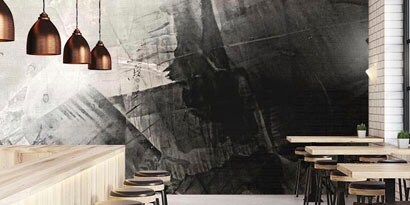 Imagen del interior de un local gastronómico. Bancos, mesas, sillas y lamparas
