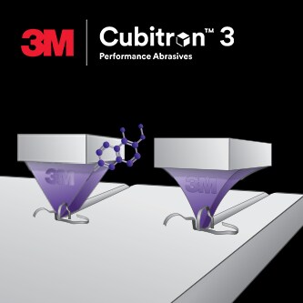 Ilustración de dos granos abrasivos cortando una superficie, con el logotipo de Abrasivos de alto rendimiento 3M Cubitron 3 en la parte superior
