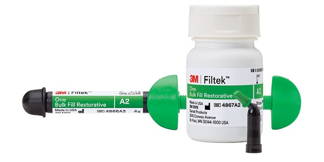 3M Filtek One Bulk Fill Restorative, bottle, syringe and capsule
